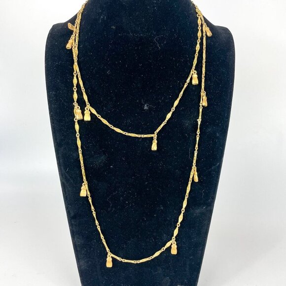 Vintage Monet Textured Gold-Tone Long Dapped Chain Necklace Tassel Charms - Picture 2 of 5